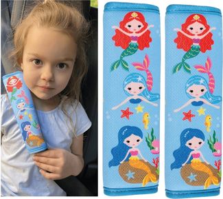 HECKBO Schlafkissen 1x oder 2x Kinder Auto Gurtpolster Gurtschutz mit Meerjungfrauen Motiv - Sicherheitsgurt Polster für Kinder und Babys- Ideal für jeden Gurt Autositzerhöhungen Kinder Fahrradanhänger Flugzeug