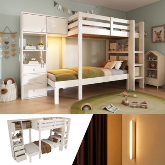 Etagenbett mit intelligentem Nachtlicht, Versetztes Design mit Schrank, Regal & Schubladen, Großzügiger Stauraum, 90x200 cm, Weiß, 90x200 cm