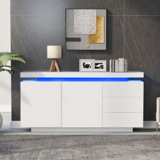 Sideboard 140 x 35 x 72,5 cm aus Spanplatte, Weiß Hochglanz teils, 2 Türen, 3 Schubladen, LED