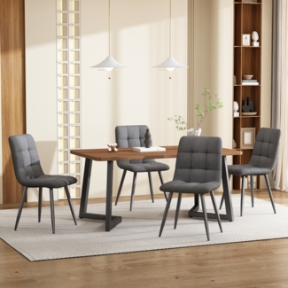Merax Essgruppe (5-tlg),Esstisch mit 4 Stühlen Set, Moderner Küchentisch Set , Holzmaserung Küchentisch mit Schwarz Metallbeinen, MDF Tischplatte in Walnussfarbe, Dunkelgraue Leinen Esszimmerstühle