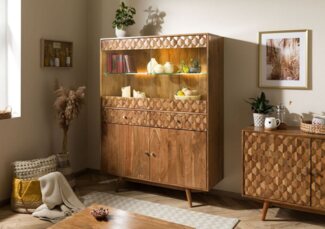 Massivmoebel24 Highboard (Highboard Akazie 120x42x160 Akazie natur lackiert MOSAYK #115)