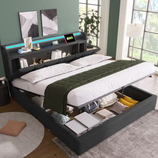 Merax Polsterbett, 140x190cm Doppelbett mit aufladen USB Ladefunktion Stauraum-Kopfteil und LED-Beleuchtung, Stauraumbetten Bettgestell, Grau