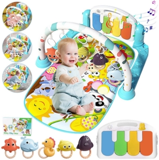 Krabbeldecke Spielmatte mit Spielbogen Baby Lernmatte Spieldecke Erlebnisdecke, ZEUOPQ, mit lustigen Tiermotiven und 5 hängende Cartoon-Spielzeuge.