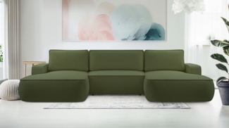AX LIVING Ablia Sofa U-Form mit Schlaffunktion Dunkelgrün 364 cm