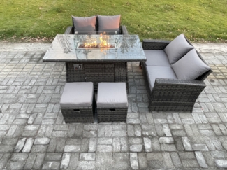 Fimous 5 Stücke Gartenmöbel Set Polyrattan Sitzgruppe Gas Feuerstelle Esstisch Sofa Set mit 2 Kleiner Fußhocker