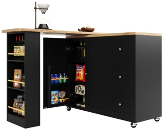 i@home Stehtisch Bartisch Kücheninsel 360°drehbar,Multifunktionaler Esstisch auf Rollen (Küchentheke mit viel Stauraum und drei Schubladen), Kommt mit Snackhalter. Multifunktionale Aufbewahrungsinsel, Schwarz
