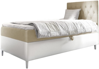 MEBLINI Kinderbett mit Bettkasten FILIPPO 1 90x200 Rechts - H3/Beige Samt Gepolstert Einzelbett mit Matratze - Polsterbett mit Stauraum - Bett mit Kopfteil – Stauraumbett