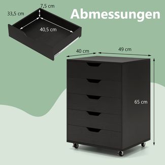 Rollcontainer mit 5 Schubladen Mobiler Aktenschrank mit Rädern 49 x 41 x 66 cm Schwarz