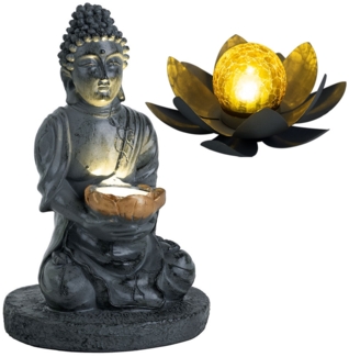 2er Set LED Solarleuchten, 1x Lotusblume, 1x Buddha