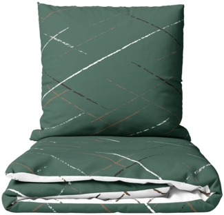 Leonado Vicenti Bettwäsche Hochwertige Polycotton, Baumwolle, 3 teilig, schlichtes Streifen Design mit Wendeseite, Beige, Grün und Grau