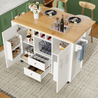 Kücheninsel Buffetschrank 120x73 (45) x 92 cm Küchenschrank Küchenwagen und klappbarer Arbeitsplatte mit Handtuchhalter Gewürzregal Türregal Weinregal und verstellbaren Einlegeböden, weiß/schwarz