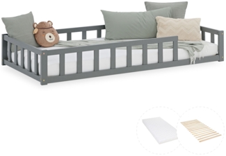 Kinderbett 90x200 mit Matratze Bodenbett mit Rausfallschutz Grau Montessori Bett Kleinkindbett Holz Kiefer Massiv