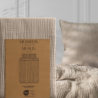Hausfelder Bettwäsche Musselin 4er Set, 2 x Bettbezug 155x220 + 2 x Kissen 40x80, Graubeige, 2 teilig, Crinkle-Effekt, atmungsaktiv, temperaturausgleichend