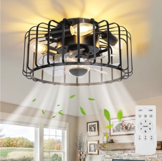 MUPOO Deckenleuchte Deckenleuchte Wohnzimmer,Käfiglampe Deckenventilator mit Beleuchtung, LED wechselbar, 6 Geschwindigkeitsstufen,mit Fernbedienung, Metall Käfigbeleuchtung
