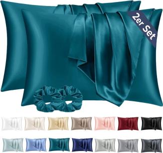 Satin Kissenbezug 2er Set 40x70 Petrol mit Haargummis Blaugrün