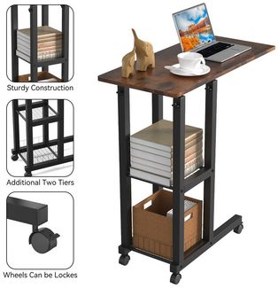 JEOBEST Beistelltisch Couchtisch mit Rollen Laptoptisch Höhenverstellbar Schreibtisch, Sofatisch Nachttisch Kaffeetisch mit 2 unteren Regalen, C-förmig