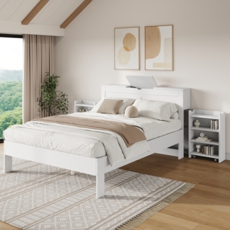 Holzbett, Doppelbett mit Lattenrost, Kopfteil und 2 ausziehbaren Nachttischen, Holz, Weiß, 140×200 cm