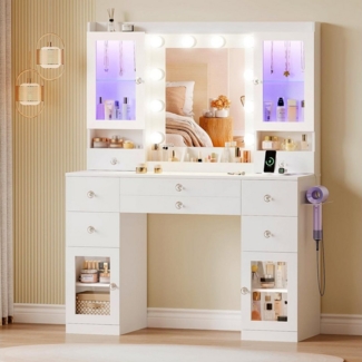 Dripex Schminktisch Großer Schminktisch mit Beleuchtung Steckdosen und Spiegel