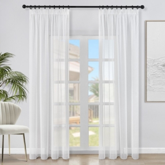 Topfinel Gardine Leinenoptik Weiß-2er Set mit Kräuselband, halbtransparent&pflegeleicht, Ideal für Wohnzimmer & Schlafzimmer – lichtdurchlässig & waschbar