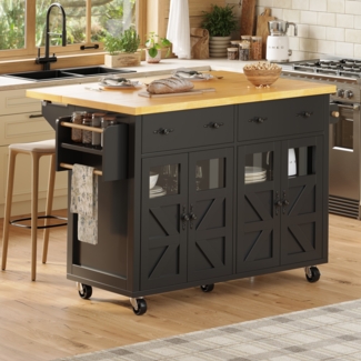 Kücheninsel mit 2-in-1-Funktion, Sicherheitsglastüren & flexiblen Regalen, 140x45x93,5 cm