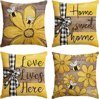 Kissenbezüge 45×45 cm 4er-Set Bee & Sunflower, Streifen/Punkte, Home Sweet Home, Frühling Deko