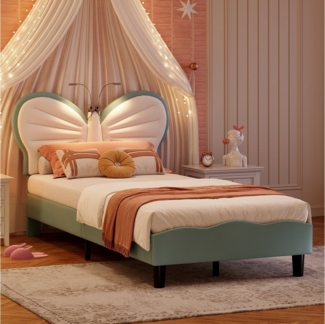 PXloue Polsterbett Kinderbett Jugendbett (Kopfteil hochstellbar), Schmetterlingsförmiges Kopfteil,mit LED und Lattenrost,90x200cm