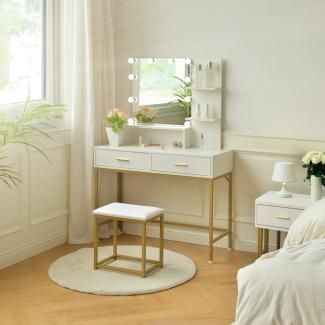 HOME DELUXE Schminktisch mit Spiegel und LED-Beleuchtung KASIA – Weiß/Gold