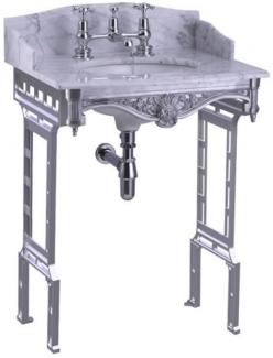 Casa Padrino Luxus Jugendstil Stand Waschtisch Weiß / Aluminium mit Marmorplatte mit Spritzschutz hinten, seitlich und Ablage Barock Waschbecken Barockstil Antik Stil