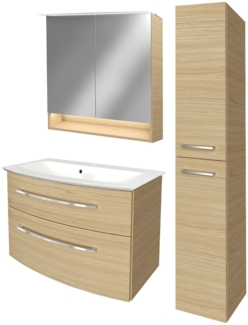 Fackelmann B.STYLE Badmöbel Set 4-teilig, 83 cm, Braun + LED-Spiegelschrank + Hochschrank rechts