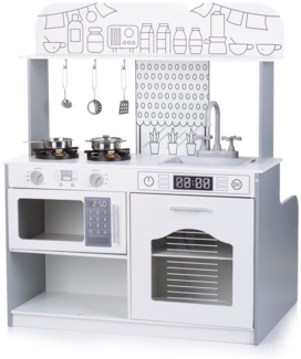 Chipolino Kinderküche 2 in 1 Tisch, Hocker, Küchenutensilien, Töpfe, Mikrowelle weiß