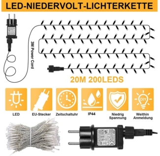 SERBASIC Lichterkette 20-100M LED-Lichterkette mit Stecker, Timer, 8 Modi, 31V DC, für Innen Außen, Garten, Hochzeit, Party, Weihnachtsbaum