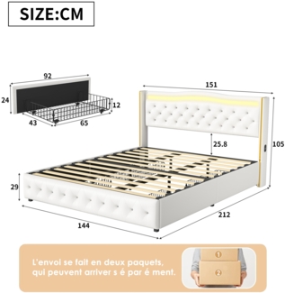 Wei?es PU-Bett mit Goldrand, LED-Licht, 4 Schubladen und EU-Ladeger?t 140x200