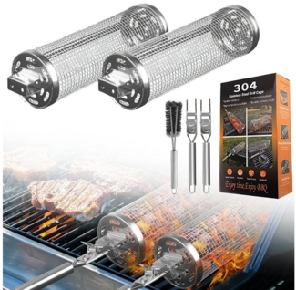 Refined Living Grillbesteck-Set 2St Rollendes Grillkorb-Set mit Abnehmbarem Griff und Reinigungsbürste, (Tragbarer Gitter Grillkäfig Edelstahl 304 Zylindrisch Grillzubehör, 2 tlg, Abschließbarem Deckel, Geschenkkorb für Holzkohlegrill Bbq Enthusias), K...