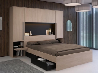Vente-unique - Bett mit Bettüberbau, Stauraum & LEDs + Lattenrost - 160 x 200 cm - Naturfarben & Schwarz - VELONA