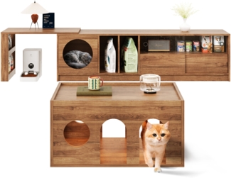 Merax Möbel-Set TV-Schrank + Couchtisch, Wohnzimmer-Kombinationsmöbel-Set, 2-teiliges TV-Schrank-Set, multifunktionaler drehbarer TV-Schrank, Haustier-Möbel, TV-Schrank mit Katzenkorb, Nussbaum