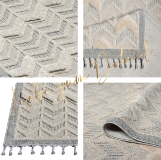 Teppich Wohnzimmer - Chevron - 140x200cm - Creme Grau - Fransen Deko Boho Flauschig - Cut & Loop Sisal - Schlafzimmer Flur Dekoration Läufer