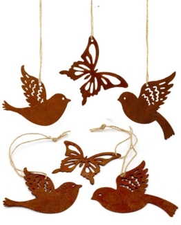 LB H&F Lilienburg Hängedekoration 6er SET Schmetterling Vogel Vögel Dekohänger Fensterhänger (Hänger Rostanhänger Rostschmuck Rostdeko Rostfigur für Hängezweig Hängeast, Metallhänger Fensterschmuck Hängedeko Dekoanhänger zum aufhängen), Fensterdeko Frü...