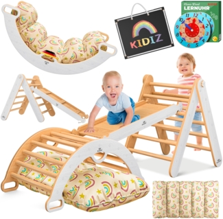 KIDIZ® Klettergerüst Montessori 7in1 Spiel-Set mit Kletterbogen Rutsche Kletterdreieck aus Holz inklusive Kissen, Tafel & Lern-Uhr | Indoor Spielplatz für Kleinkinder ab 1 Jahr & Kinder bis 3 Jahre Weiß / Hellbraun