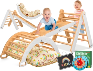 KIDIZ® Klettergerüst Montessori 7in1 Spiel-Set mit Kletterbogen Rutsche Kletterdreieck aus Holz inklusive Kissen, Tafel & Lern-Uhr | Indoor Spielplatz für Kleinkinder ab 1 Jahr & Kinder bis 3 Jahre Weiß / Hellbraun