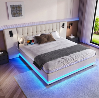 Flieks Polsterbett, Doppelbett 180x200cm mit breitem Kopfteil, LED-Leiste, Leselampe, USB