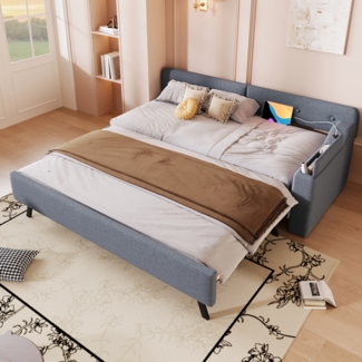 Schlafsofa, Daybett, Tagesbett, Schlafsofa mit Lattenrost (ohne Matratze), mit ausziehbarem Ausziehbett mit Klappstaufach, usb+type-c, Leinen, Grau, 90 x 200cm