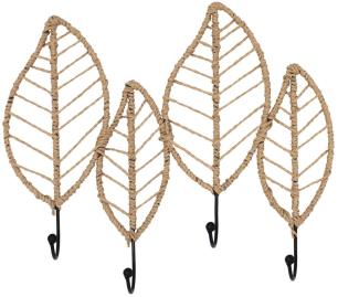 Spetebo Garderobenleiste Bast Wand Garderobe im Blätter Design - 47 x 40 cm (Packung, 1 tlg), Rattan Garderobenleiste mit 4 Kleiderhaken