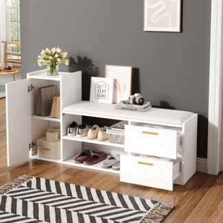 Schuhschrank Weiß Hochglanz 128 cm mit Sitzbank, Schubladen, Schrank & 2-stöckigem Schuhregal Flur Sideboard