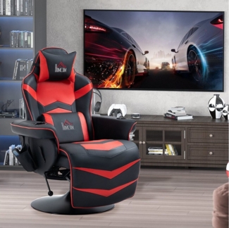 HOMCOM Massagesessel Massagefunktion, inkl. Fußstütze, Liegefunktion (Gaming-Chair, 1-St, Relaxsessel), für Wohhnzimmer, Schwarz+Rot