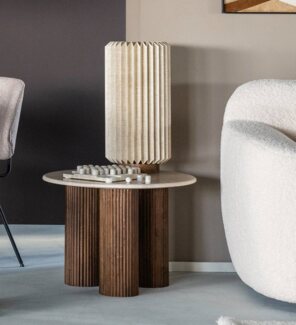 Maison ESTO Beistelltisch Couchtisch EVI rund aus Marmor und Mangoholz, Tischplatte aus Marmor