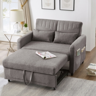 2-Sitzer Schlafsofa ausziehbar Baumwoll-Leinen, verstellbare Rückenlehne, Doppelbett Sofa für Wohnzimmer,Grau