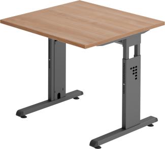 bümö® Schreibtisch O-Serie höhenverstellbar, Tischplatte 80 x 80 cm in Nussbaum, Gestell in graphit