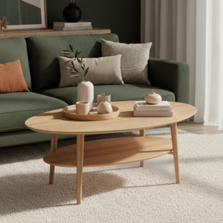 skølm 'Mjölnir' Couchtisch oval, Massivholz Eiche, natur geölt, Wohnzimmertisch 70x110 cm, Beistelltisch für Wohnzimmer mit Ablage