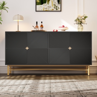 Sideboard, mit Erhabener Textur 160cm, Schrank mit vier Türen, Goldene gebürstete Griffe und Hochglanz Tischbeine, Schwarz, Holz/Metall, Schwarz, 160 x 40 x 82 cm