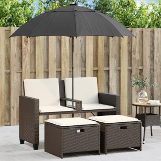 vidaXL Gartensofa 2-Sitzer Sonnenschirm und Hocker Braun Poly Rattan 365884